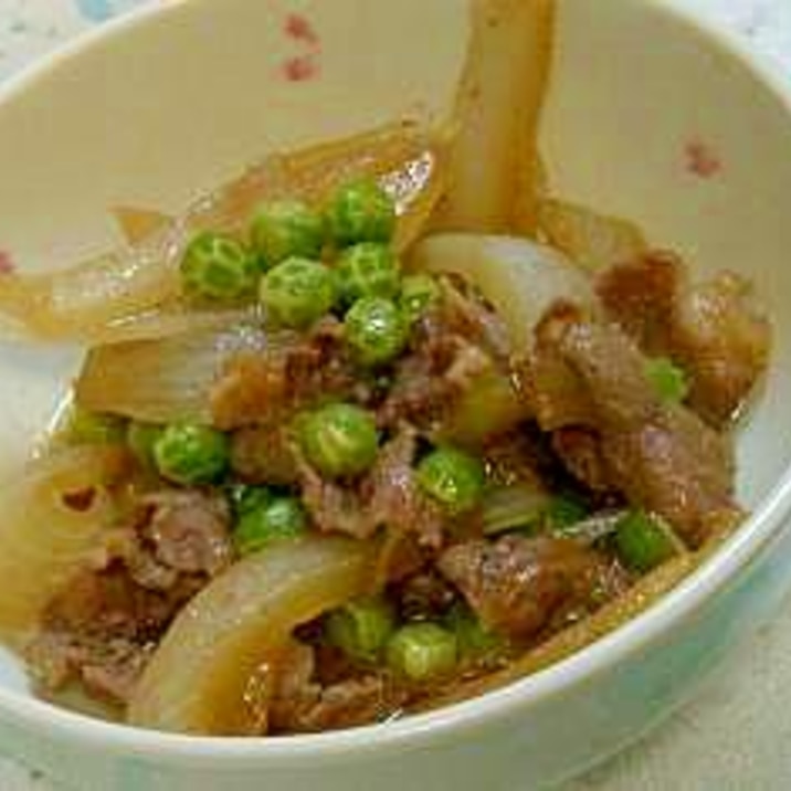 春を入れて応援:豚とグリーンピースの甘辛煮